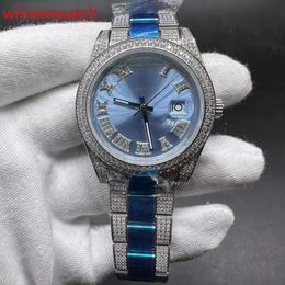 AAA automatic 2813 movement CZ stones case Diamond-set Roman numbers blue dial watch