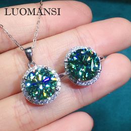 Luomansi Luxury 5CT 11MM Green Ring Necklace Set Passed Diamond Test S925 Silver Wedding Jewelry Anniversary 240130