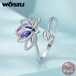 Cluster Rings WOSTU 925 Sterling Silver Lotus Flower Ring With Purple Glass For Women Wedding Party Daily Gift Adjustable Fine Jewellery