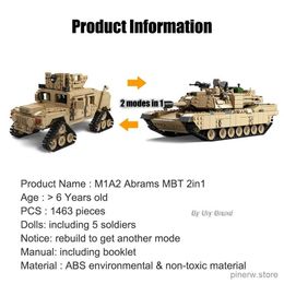 Blocks 2in1 WW2 Military M1A2 Abrams MBT Tank Model Army Cannon Chariot Set Soldier Figures DIY Building Blocks Toys for Boys Kids Gift