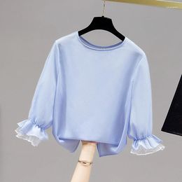 Women's Blouses Top Summer 2024 Mesh Stitching Lantern Sleeve Round Neck Solid Color Chiffon Shirt Simple Fashion Blouse