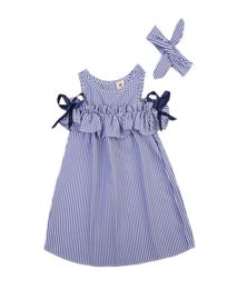 New Summer Toddler Kids Baby Girls Lovely Clothes Blue Striped Offshoulder Ruffles Party Gown Formal Dresses8666470