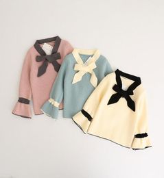 2017 Children039s sweaters Autumn Winter new Baby Girls Fashion Bow Blue Patchwork horn sleeve Sweaters Pullover Kids Clothing3171508