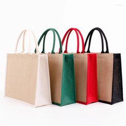 Shopping Bags Reusable Blank Burlap Tote Women Jute Beach Grocery Bag With Cotton Handle Travel Storage Handbag