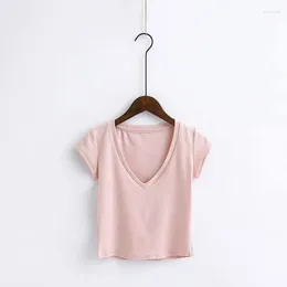 Women's T Shirts Women Knitted Cotton Crop Top Short Sleeve Sexy V-neck Solid Tees Summer Elastic Slim Knitwear T-shirt 5 Colors