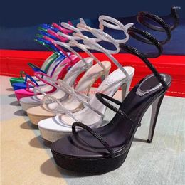 Dress Shoes Bling Rhinestone Women's High Heel Sandal Waterproof Platform Ankle Wrapped Slim Sandals Wedding Party Heels 14cm