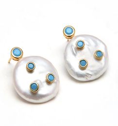 GuaiGuai Jewellery Natural Freshwater Cultured White Coin Pearl Turquoise Blue Cz Pave Gold Plated Stud Earrings For Women8450313