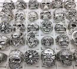 Whole 30pcslot Rings Mix Styles Silver Metal Alloy Mens Womens Gothic Skull Skeleton Ring Punk Biker Fashion Jewelry9712715