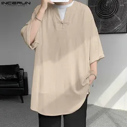 Men's Casual Shirts INCERUN 2024 Men Shirt Solid Color Vintage Loose V Neck Short Sleeve Clothing Retro Streetwear Chinese Style