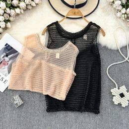 Women's Tanks Summer Chic Tank Tops For Women Mesh Sheer Pearl Beading Elegant Female Cropped O-neck Sleeveless Sexy Camisole Dropship