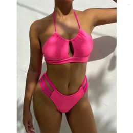 Women's Swimwear Sexy Rose Red Swimsuit 2024 Women High Waist Bandage Two-Piece Bikini Hollow Out Bathing Suit Summer Halter Backless