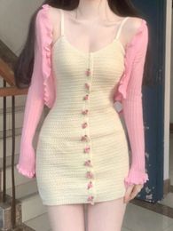 Autumn Korea Fashion Suit Sweet Slim 2 Piece Set Skirt Pink Short Sweater Cardigan Bodycon Sexy Strap Mini Dress Party Chic 240202