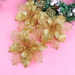 Decorative Flowers 12Pcs Glitter Artificial Poinsettia Picks For Christmas Wreaths Garland Holiday Decoration ( Golden )