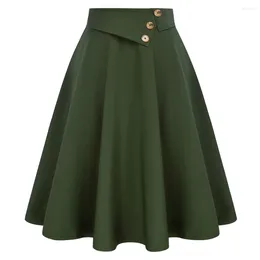 Skirts Belle Poque Women Vintage Swing Skirt Elastic Waist Buttons Decorated Flared A-Line Knee Length Simple Retro Solid