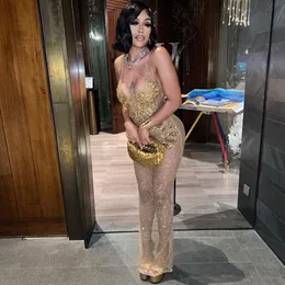 Sexy Gold Prom Dresses 2024 Halter Neck Sequin Party Gowns Vestidos De Gala African Women Evening Dress