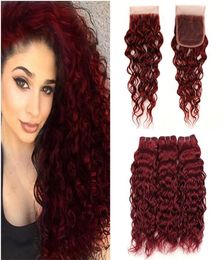 99j Wine Red Human Hair Bundles With Lace Closure Burgundy Water Wave Hair Extensions With 4x4 Lace Top Closure 4PcsLot5488858