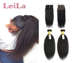 Malaysian Kinky Straight Virgin Hair 2 Bundles With 4X4 Lace Closure 3 Pieceslot Unprocessed Human Hair Natural Black Colour Coars9778181