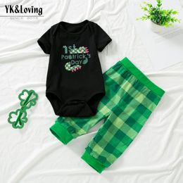 Baby Set St. Patrick's Boy Cartoon Dinosaur Short Sleeve Shirt Plaid Trousers 2-piece