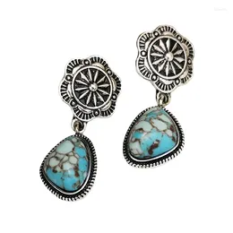 Dangle Earrings Antique Silver Colour Flower Carved Natural Turquoise Pendant For Ladies Retro Ethnic Jewellery Beautiful Accessories