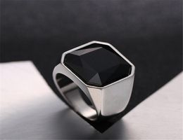 Fashion Mens Signet Rings Stainless Steel color silver Band with Black Stone Inlay Ring for Men Vintage Biker Jewelry Bague Anel M3820227