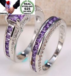 OMHXZJ Whole European Fashion Woman Man Party Wedding Gift Square Amethyst 925 Sterling Silver Ring Set RR762058578