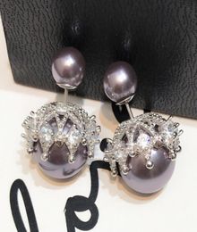 New 925 sterling silver needle double pearl earrings hollow crown stud earrings European and American fashion zircon earrings ear 6115310