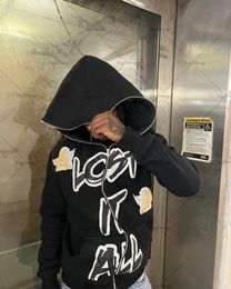 Fashion Gothic letter printing oversized hoodie mens Y2K street hiphop Harajuku loose allmatch zipper sweater 240123