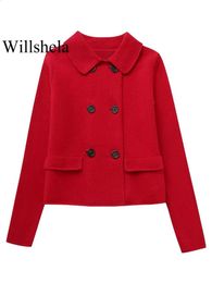 Willshela Women Fashion With Pockets Red Double Breasted Blazer Vintage Lapel Neck Long Sleeves Female Chic Lady Outfits 240202