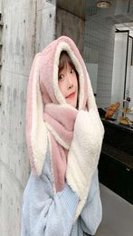 Rabbit hat woman autumn winter sweet cute plush ear muffin scarf hooded integrated gloves thickened and warm5084792