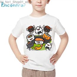 T-shirts Boys and Girls Sushi Party Print T shirt Baby Cartoon Funny T-shirt Kids Summer Short Sleeve White TopsoHKP5561 Q240218