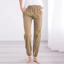 Women's Pants Women Solid Cotton Linen Drawstring Loose Casual Pockets Long Fashion Plus Size Ladies Trousers S-3XL