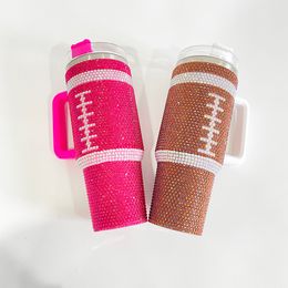 Reusable Insulated Vacuum splashproof Cup 40oz Rugby print American football bling rhinestone diamond tumbler with handle lid and straw,sold by case