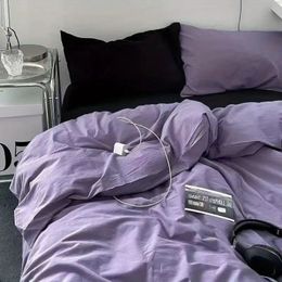 Korean solid purple bedding soft flat down duvet cover pillowcase polyester bedding linen double large duvet cover set 240218