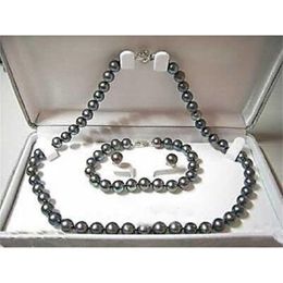 Natural 7-8mm black pearl necklace bracelet earring set 240202