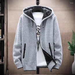 Men's Sweaters Winter Fleece Cardigan Men Warm Knitted Hooded Sweatercoat Mens Solid Knit Casual Sweater Coat Thick Knitwear Outerwear