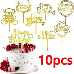 10pcs Happy Birthday Cake Topper Pink Gold Acrylic Mirror Toppers Baby Shower Party Decorations 240127