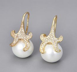 GuaiGuai Jewellery 14mm white sea shell Pearl starfish Cz pave Hook Earrings For Women Real Gems Stone Lady Fashion Jewellry3394164