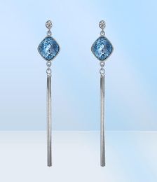 925 Sterling Silver Earring Stud earring with Blue Square Cubic Zircon Long Tassel Earrings ear for Women Fashion Jewellery gift7076194