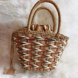 Totes Paper rope woven bamboo rattan handle handbag pure hand woven storage bag water bucket cabbage basketH24218