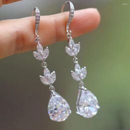 Dangle Earrings Huitan Modern Bridal Wedding Silver Colour Crystal Pear Cubic Zircon Aesthetic Hanging For Women Trendy Jewellery