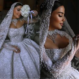 Vestidos de casamento de luxo pérolas vestidos de baile nupcial frisado lantejoulas manga longa strass feito sob encomenda vestidos de noiva mais tamanho