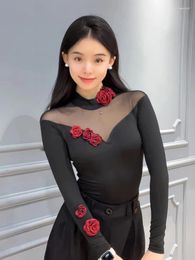 Stage Wear Ballroom Dance Tops Black Long Sleeves Flower Leotards Adult Performance Clothes Rumba Latin Practise DNV19107