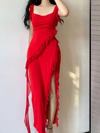 Casual Dresses WOMENGAGA Sexy Elegant Red Long Dress Slim Ruffle Strap Women Fashion Robe 2024 Sweet Tops RH8B