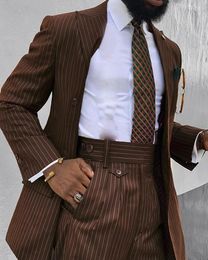 Brown Stripe Men Suit 2 Pcs Bespoke Groom Prom Slim Fit Double Breasted Wedding Terno Lapel Blazer Trousers JacketPant 240201
