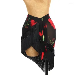 Stage Wear Latin Dance Skirt Women Rose Mesh Tassel Hip Scarf Cha Rumba Samba Clothes Adult Practise Sexy DNV19050