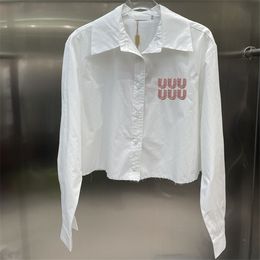 Letras strass blusa recortada camisa para mulheres manga longa lapela blusas designer wh s