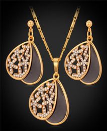 18K Gold Plated Black Enaml Sliding Cover Rhinestone Pendant Earrings Choker Neckace Fashion Jewellery Sets For Women YS7363617565