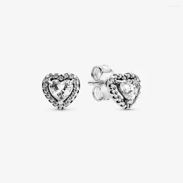 Stud Earrings Authentic 925 Sterling Silver Elevated Heart For Women Clear CZ Wedding Ear Ring Fine Jewelry Brincos Bijoux