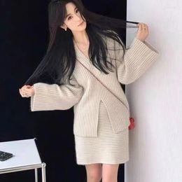 Work Dresses Korean Sweet Girl Pure Sexy Suit Women's Spring Split Knitted Shirt High Waist Mini Skirt Two-piece Set Fashion Female Clothes