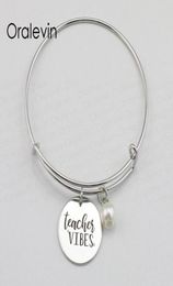 TEACHER VIBES Inspirational Hand Stamped Engraved Charm Pendant Expandable Wire Bracelet Bangle Gift Fashion Jewelry10PcsLot L99523174014